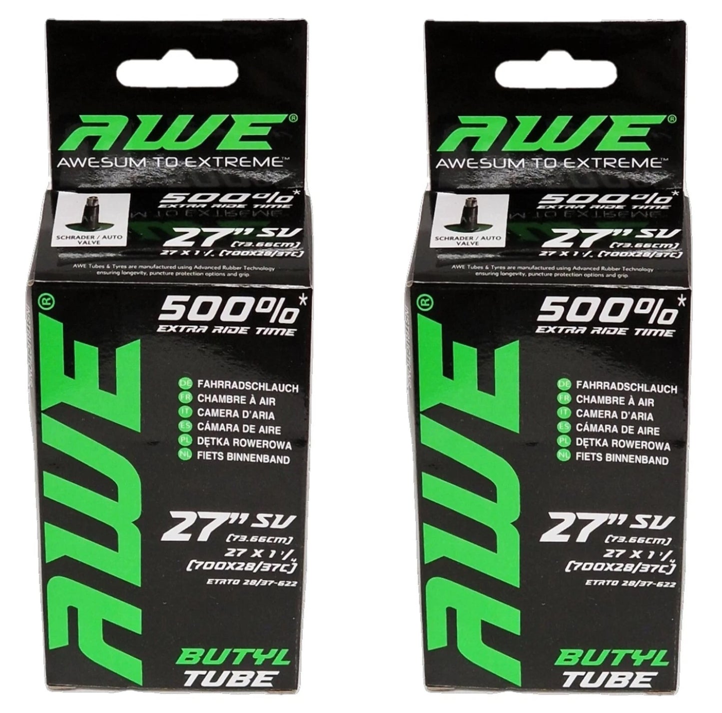 Awe 2 x Butyl Rubber 27"x 1 1/4 (700x28/37C) Inner Tube 500%* Extra Ride Time Schrader Valve