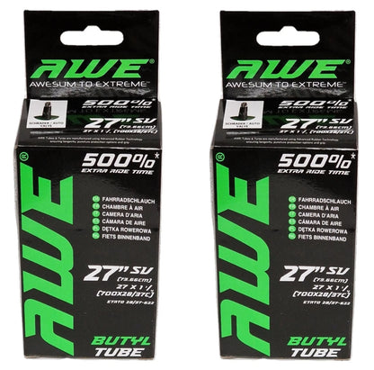 Awe 2 x Butyl Rubber 27"x 1 1/4 (700x28/37C) Inner Tube 500%* Extra Ride Time Schrader Valve